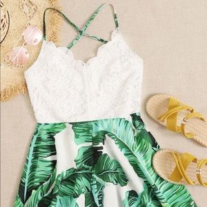 SHEIN Crisscross Open Back Lace Bodice Tropical Romper